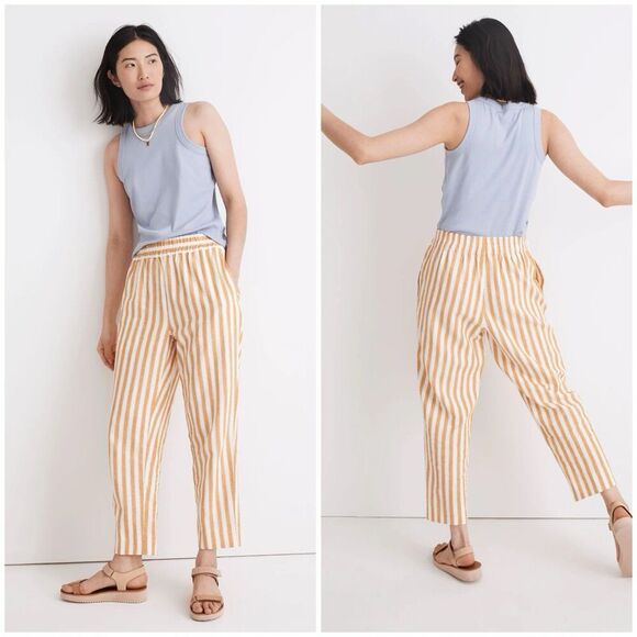 Madewell Pants - Madewell Tapered Huston Pull On Crop Pants Stripe Linen Cotton Casual Size XS